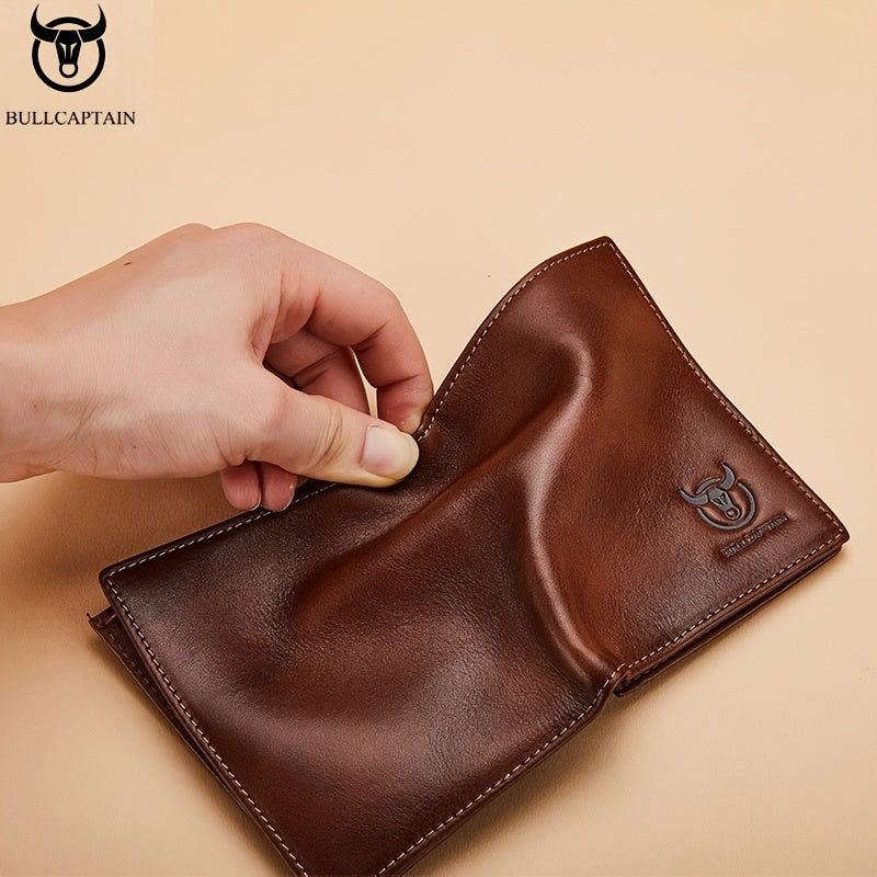 BULLCAPTAIN Men'S Genuine Leather Wallet, Handmade Full-Grain Cowhide, Large Capacity Multi-Card Holder, Driving License Slot, Sleek Black Embossed Logo, Business Style, Polyester Lined, Non-Braided, Secure Travel Wallet | St