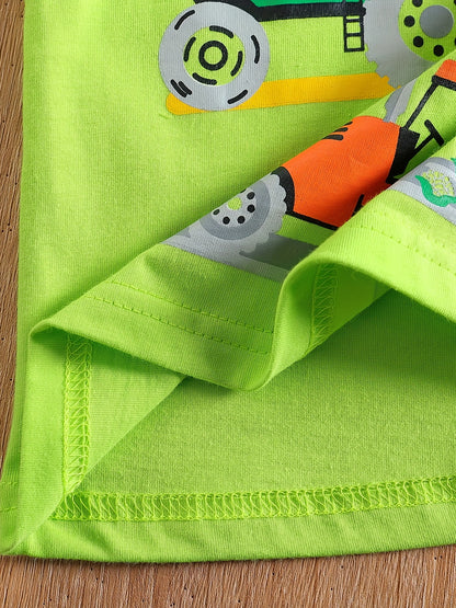 Boy's Tractors Print Casual Outfit Round Neck T-shirt & Shorts, Kids Summer Clothes Set For Daily And Outdoor Wear
