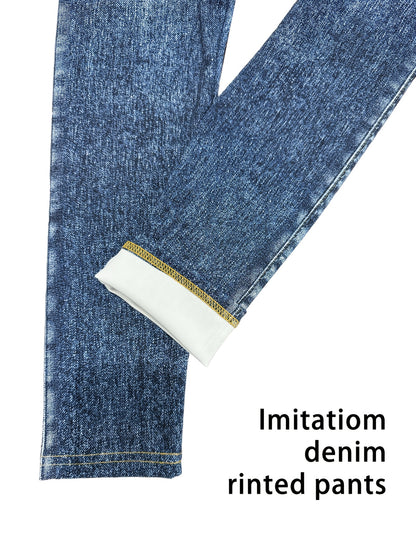 【imitation denim】New Women'S Fashion Casual Trendy Comfortable Breathable High-Waisted Stretchy Blue Faux Denim-Like Printed Leggings for Daily Commuting, Enhancing The Hips And Waist, Women'S Base Layer Pants, Fitted Leg