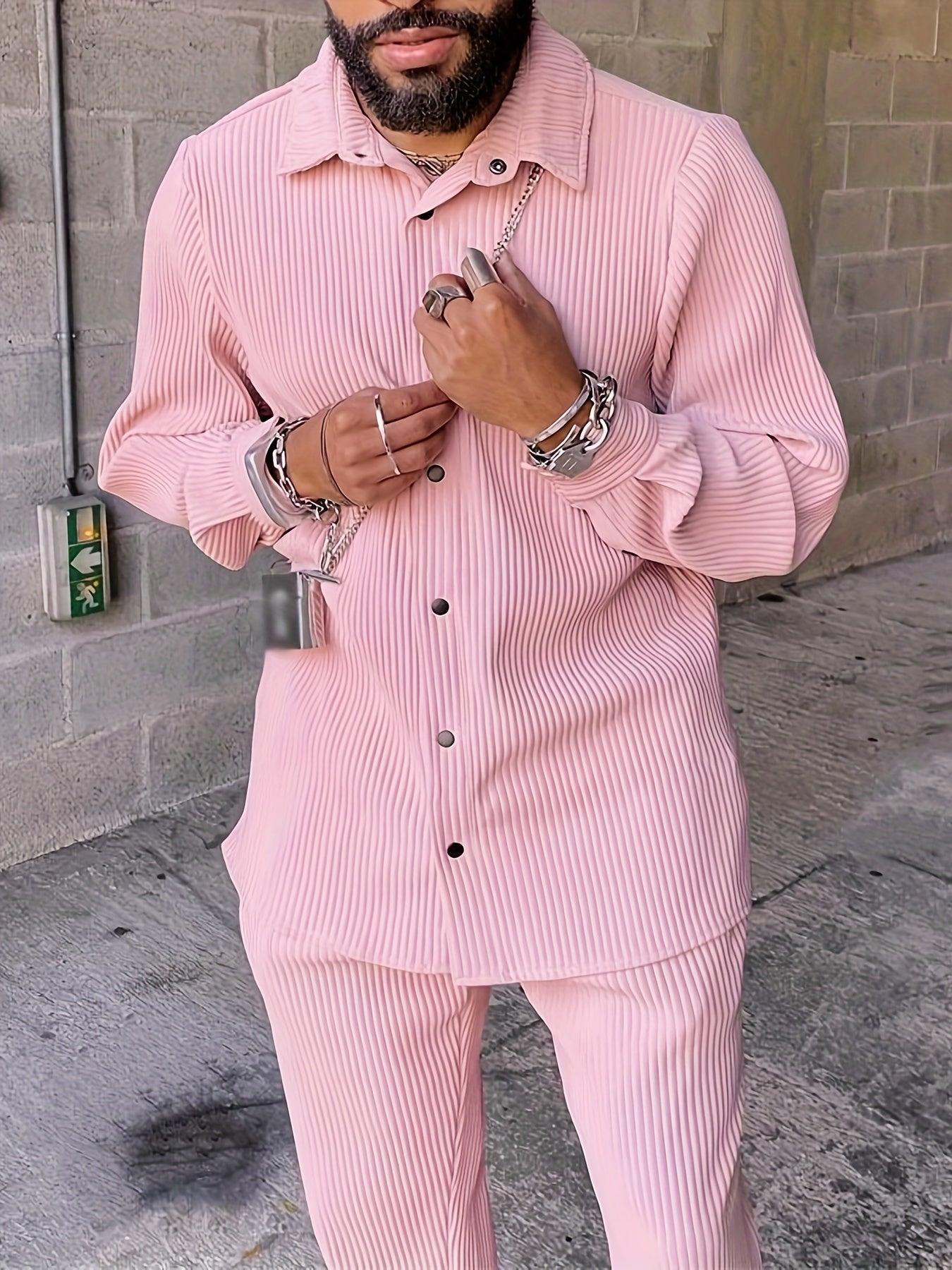 Men's 2Pcs Outfits, Casual Lapel Button Up Long Sleeve Shirt And Pants Set For Summer, Men's Clothing For Daily Leisure Vacation Resorts, Coquette Style