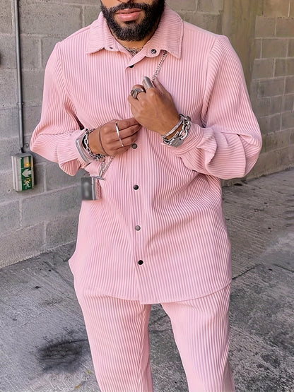 Men's 2Pcs Outfits, Casual Lapel Button Up Long Sleeve Shirt And Pants Set For Summer, Men's Clothing For Daily Leisure Vacation Resorts, Coquette Style