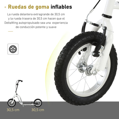 HOMCOM Scooter for Children Over 5 Years Old 2 Inflatable Rubber Wheels with Adjustable Handlebar Brakes Anti-Slip Pedal 120X58X85-95 Cm White