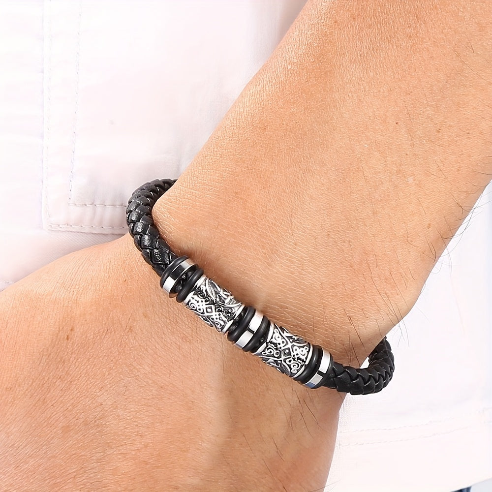 Pulseira de homem em pele sintética entrançada à mão - Pulseira elegante e ajustável de 21 cm com várias camadas, acessório durável para uso diário e festas, um excelente presente para ele.