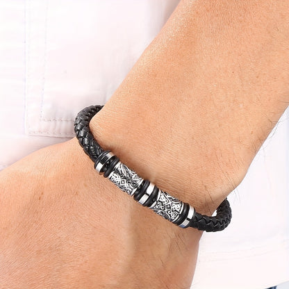 Pulseira de homem em pele sintética entrançada à mão - Pulseira elegante e ajustável de 21 cm com várias camadas, acessório durável para uso diário e festas, um excelente presente para ele.