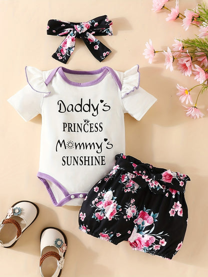 3pcs Short Sleeve &amp; Shorts Set for Newborns - "I'm Daddy's Girl" Letter Print Pants and Headband, Mommy's World Alphabet Kids' Outfit, Perfect for Outdoor