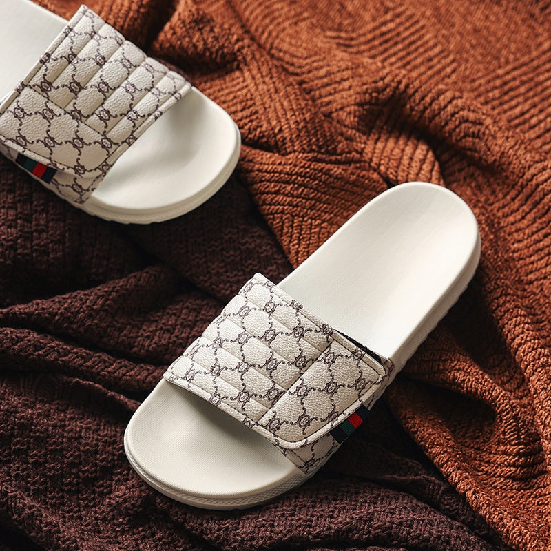 Men's Luxury Slip-On Slippers - Thick Cushioned EVA Sole & Soft PU Upper with Striped Pattern, All-Season Indoor/Outdoor House Shoes for Men, Comfortable Casual & Party Footwear (Black/White, Beige/Brown) - Unisex-Friendly De