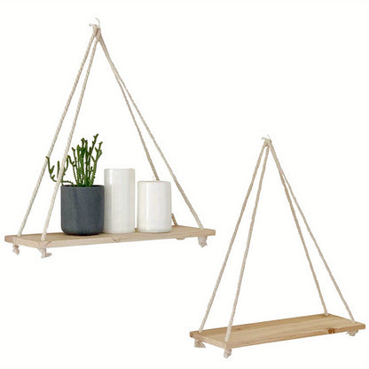 2pcs Boho Decor Hanging Shelf, Storage Display Shelves For Hanging Plants Photos, Rustic Wood Floating Shelves For Nursery Bedroom Bathroom Living Room, wall decor