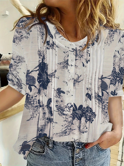 Women's Floral Print A-Line Blouse - Casual Short Sleeve, Round Neck with Front Button Detail, Lightweight Polyester Blend, Perfect for Spring/Summer