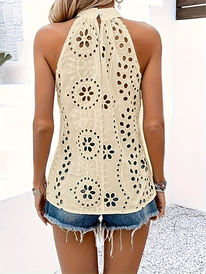 Elegant Women'S Sleeveless Blouse with Embroidered Cut-Out Design - Round Neck, Eyelet Lace Detailing, Lightweight Polyester for Summer, Perfect for Casual or Dressy Outfits, Summer Fashion Top | Round Neck Blouse | Feminine