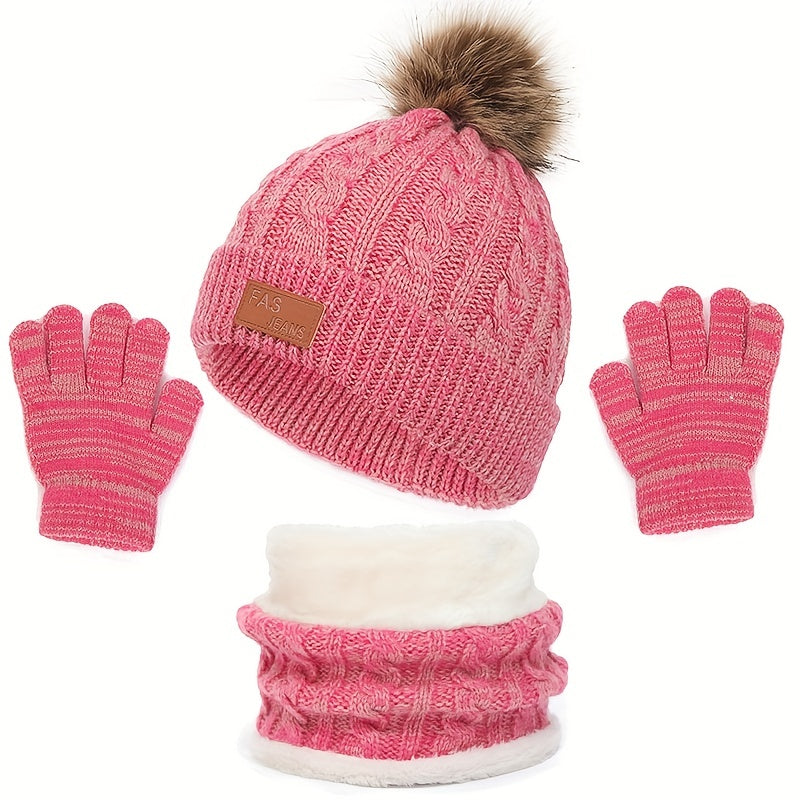 3pcs/set Winter Children's Warm Plus Velvet Scarf Baby Knitted Hat Hat Gloves For 2-8 Years
