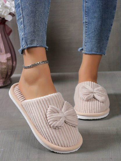 Cute Bowknot Soft Sole Fuzzy Slippers, Winter Cozy &amp; Warm Slip On Plush Shoes, Comfy Closed Toe Home Slippers