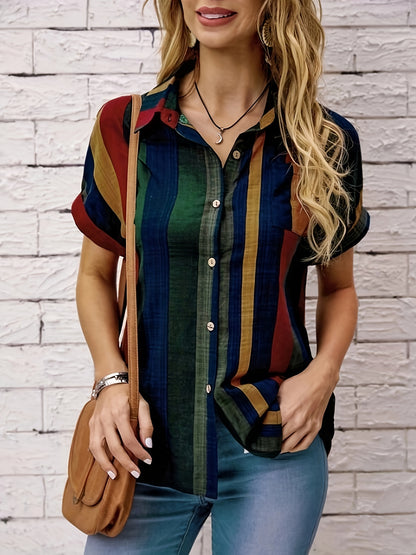 Striped Print Button Front Blouse, Vintage Short Sleeve Blouse For Spring & Summer, Women's Clothing