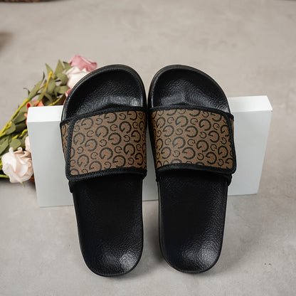 Women's White/Golden Greek Key & Letter Print Slip-On Mules - PU Cover Upper, Cushioned Insole & Arch - All-Season Casual Sandals for Beach, Weddings & Casual Attire, Comfortable Sleepers For Womens, Woman Slippers For Women,