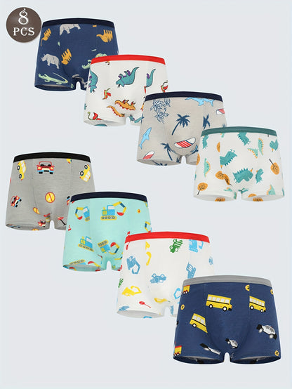 8pcs Boys' Boxer Briefs with Dinosaur & Excavator Truck Cartoon Designs - Breathable Stretch Fabric, Elastic Waistband, Soft Casual Underwear for Youngsters, Youth Boy Stylish Boxers