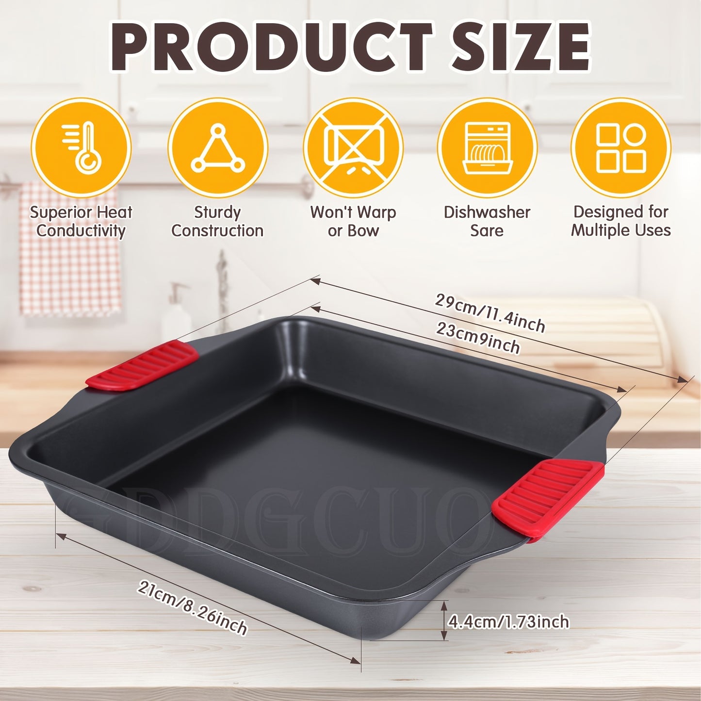 2pcs Set Non-Stick Baking Pan Set - Carbon Steel Baking Pan Set with Heat Resistant Red Silicone Handle, Oven Safe up to 450F (232.2C) Square Frying Pan, Cookie Sheet, Baking Pan, Black