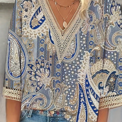 Plus Size Boho T-shirt, Women's Plus Paisley Print Contrast Lace Half Sleeve V Neck T-shirt
