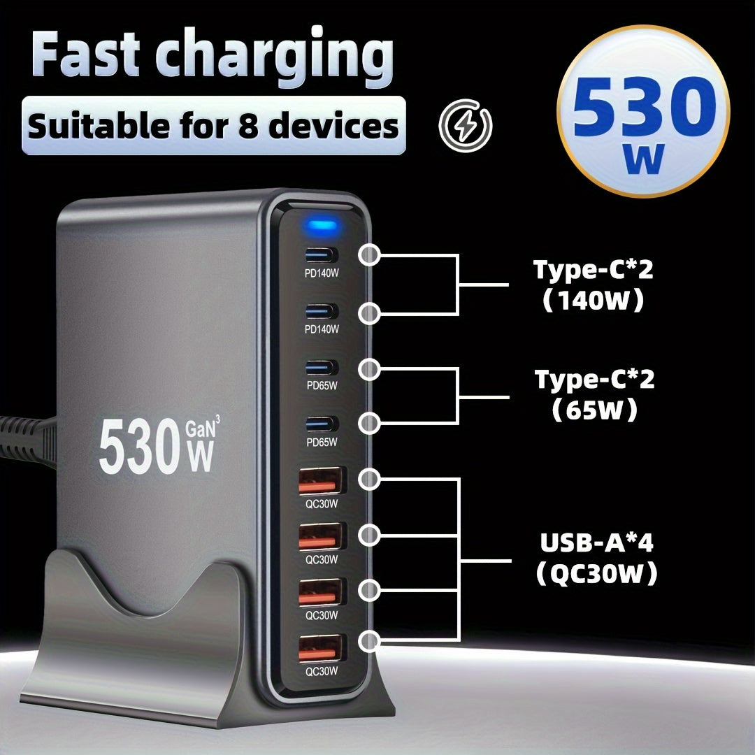 1pc EU desktop charging block 530w 8-port in one Compatible with Macbook Pro M4 MAX140W fast charging Small and portable, suitable for travel, home or office use, support for mobile phones, watches, computers and headphones C