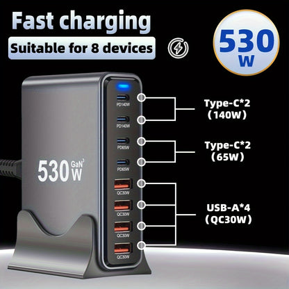 1pc EU desktop charging block 530w 8-port in one Compatible with Macbook Pro M4 MAX140W fast charging Small and portable, suitable for travel, home or office use, support for mobile phones, watches, computers and headphones C