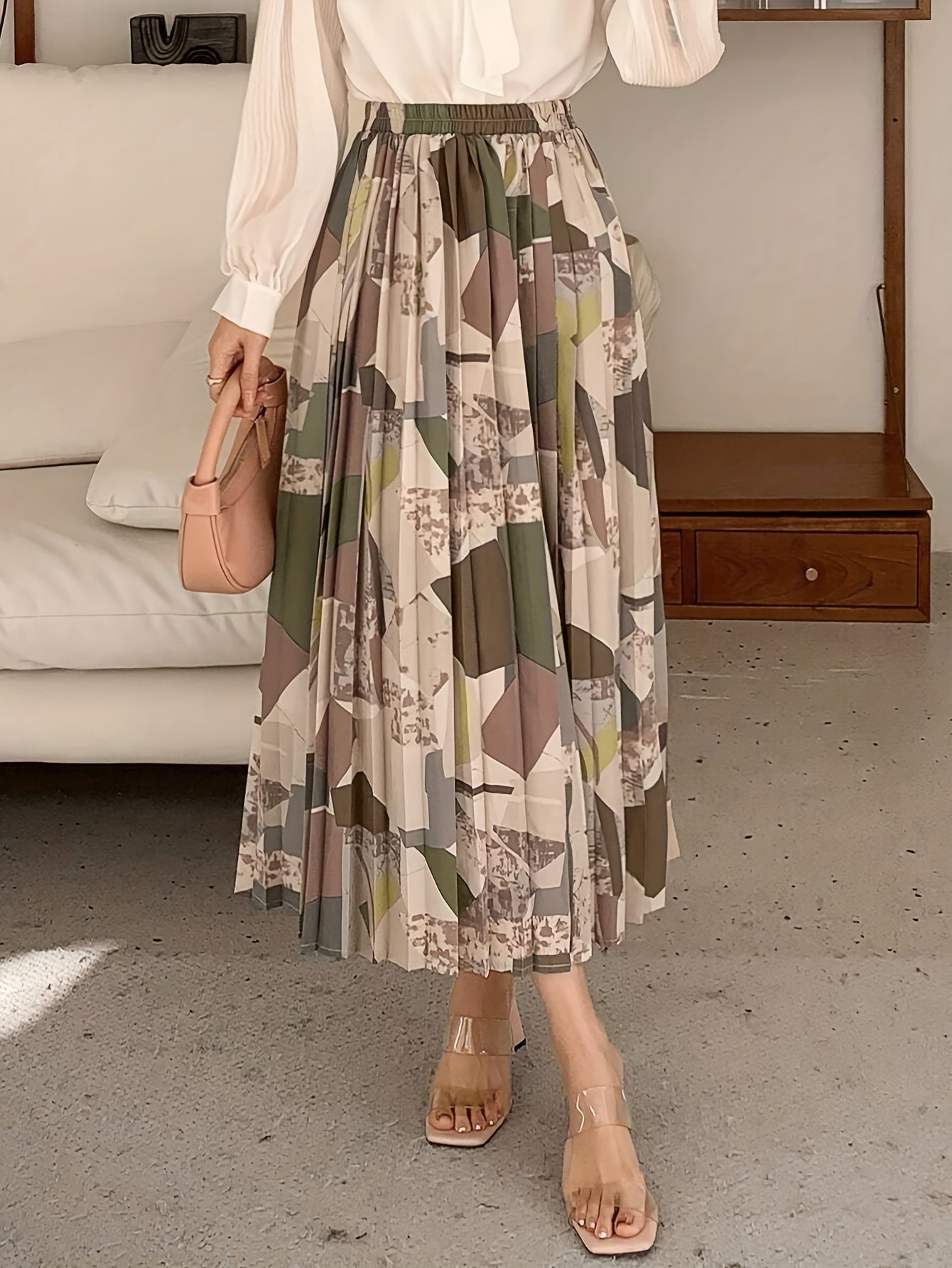 Elegant Geometric Pattern Pleated Midi Skirt for Women - Versatile, Fashion-Forward, Non-Stretch Polyester Fabric, Machine Washable - Perfect for All Seasons, Allseason Wear|Asymmetrical Hemline|Comfortable Fit