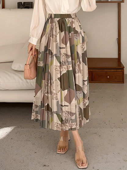 Elegant Geometric Pattern Pleated Midi Skirt for Women - Versatile, Fashion-Forward, Non-Stretch Polyester Fabric, Machine Washable - Perfect for All Seasons, Allseason Wear|Asymmetrical Hemline|Comfortable Fit