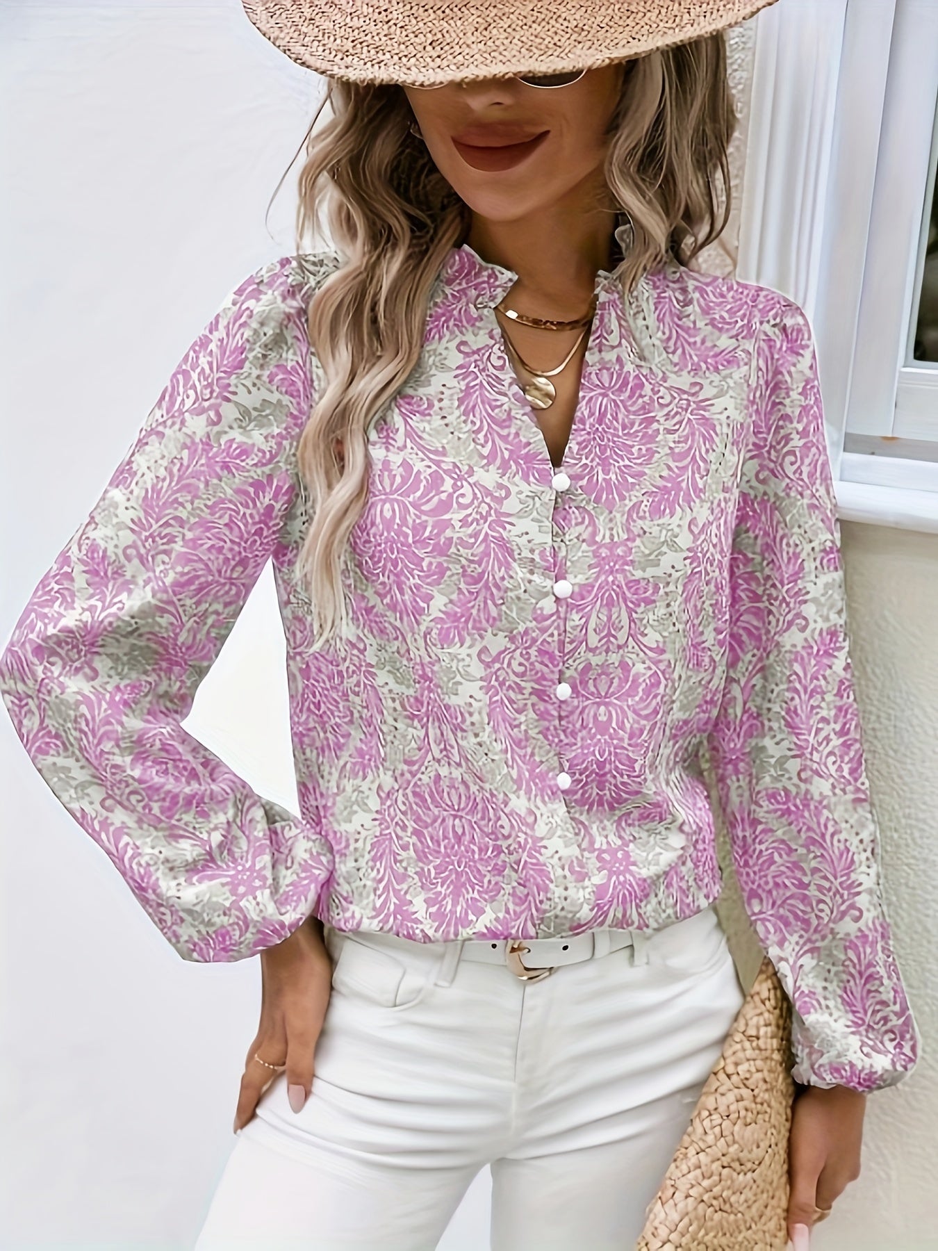 Allover Print Button Front Blouse, Casual Long Sleeve Blouse For Spring & Fall, Women's Clothing