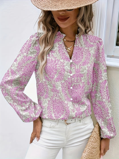 Allover Print Button Front Blouse, Casual Long Sleeve Blouse For Spring & Fall, Women's Clothing