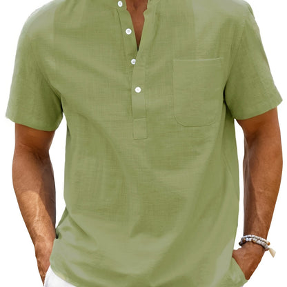 Camisa de homem, gola padre, manga curta, estilo Henley, ideal para o verão, uso casual, negócios e ocasiões formais.