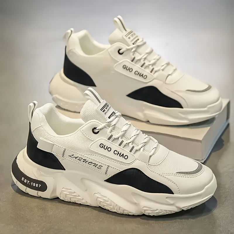 1 Pair Men's All-Season White Low-Top Sneakers - Heavy-Duty Traction PVC Sole, Lace-Up Casual Shoes for Travel, & Daily Wear - Cushioned, All-Terrain Grip (Black/White) - Versatile Outdoor & Footwear