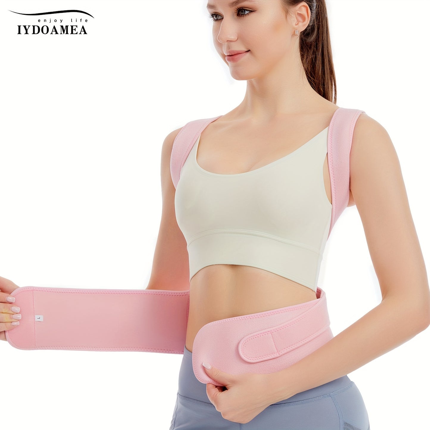 Corretor de Postura Feminino IYDOAMEA - Cinta Lombar Ajustável com Tecido Respirável, Design Ergonómico para Uso no Escritório, Viagens e em Casa, Rosa, Confortável e Durável, Design Elegante
