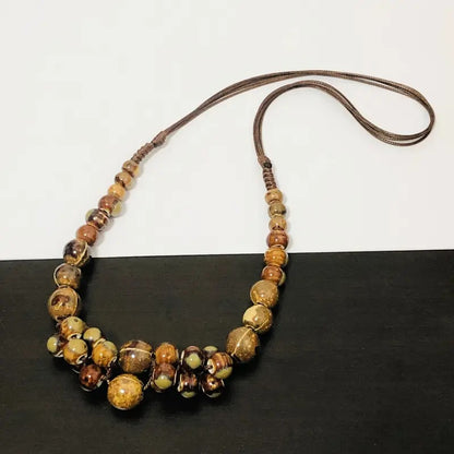 Handwoven Bohemian Women's Necklace - Marbled Ceramic Beads in Earthy Brown/Green/Blue/Golden/Black, Chunky Multi-Color Large Bead Statement Jewelry, Year-Round Versatile Boho-Chic Accessory for Daily Wear & Special Occasions