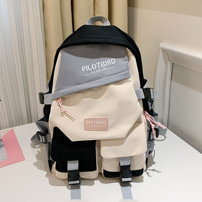 Aesthetic Color Contrast Travel Backpack, Large Capacity Flap Schoolbag, Japanese Preppy Style Bookbag For Students Back To School