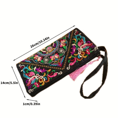 Retro Style Square Purse, Ethnic Style Phone Clutches, Floral Embroidery Handbag With Wristlet