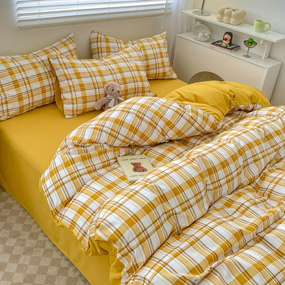 4pcs quilt set (1*quilt cover + 1*bed sheet + 2*pillowcases, excluding quilt core), yellow and white line printed bedding set, soft and comfortable four-season quilt cover, suitable for bedroom and guest room