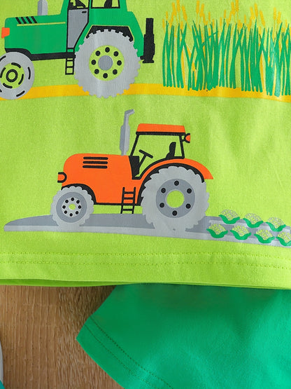 Boy's Tractors Print Casual Outfit Round Neck T-shirt & Shorts, Kids Summer Clothes Set For Daily And Outdoor Wear