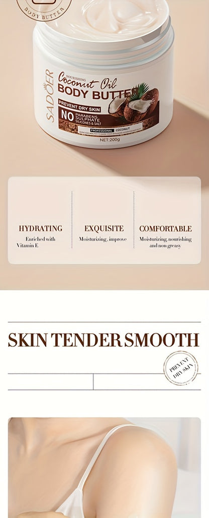 200g Coconut Moisturizing Body Cream, Body Butter With Vitamin E, Long Lasting Fragrance, Soothing Nourishing Rejuvenating Skin, Suitable For Various Skin Types With Plant Squalane