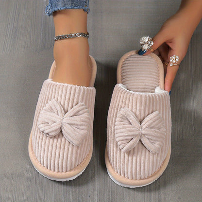 Cute Bowknot Soft Sole Fuzzy Slippers, Winter Cozy &amp; Warm Slip On Plush Shoes, Comfy Closed Toe Home Slippers