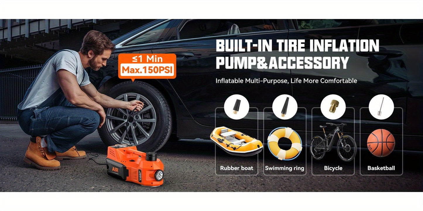 Macaco hidráulico reforçado de 12V e 5 toneladas (elevação de 15,5 a 45 cm) com compressor de ar e luz LED | Sistema de elevação sem fios para automóveis, SUV e camiões, troca de pneus e reparações em oficinas mecânicas.