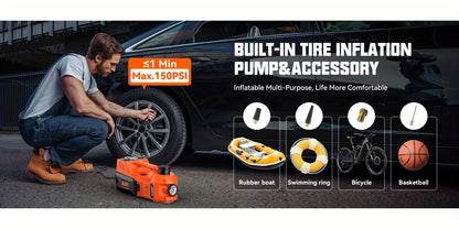 Macaco hidráulico reforçado de 12V e 5 toneladas (elevação de 15,5 a 45 cm) com compressor de ar e luz LED | Sistema de elevação sem fios para automóveis, SUV e camiões, troca de pneus e reparações em oficinas mecânicas.