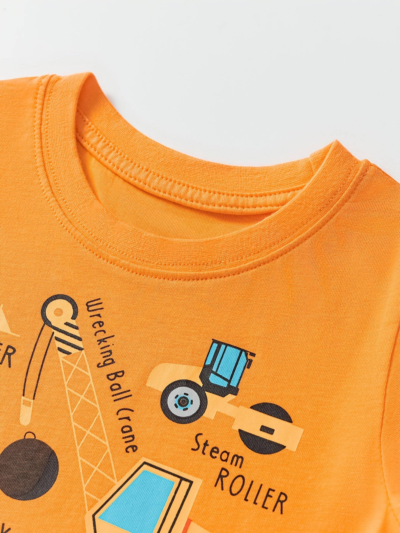 Boys' Cotton Short Sleeve T-Shirt with Cartoon Excavator Print, Breathable Summer Trend