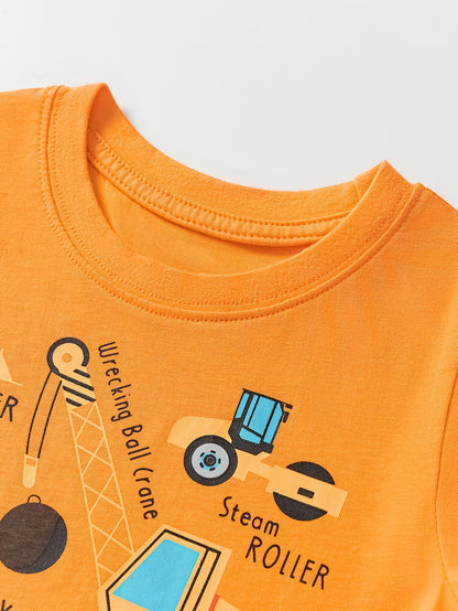 Boys' Cotton Short Sleeve T-Shirt with Cartoon Excavator Print, Breathable Summer Trend