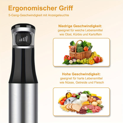 6in 1 Handheld Immersion Blender - Stainless Steel Stick Blender with 5 Speed, Chopper, Whisk And Milk Frother for Meat, Mashed Potatoes And Baby Food