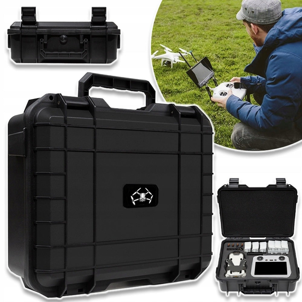 Estojo de transporte protetor para DJI Mini 3/4 e Mini 3/4 Pro, com pega antiderrapante para facilitar o transporte e fecho reforçado.