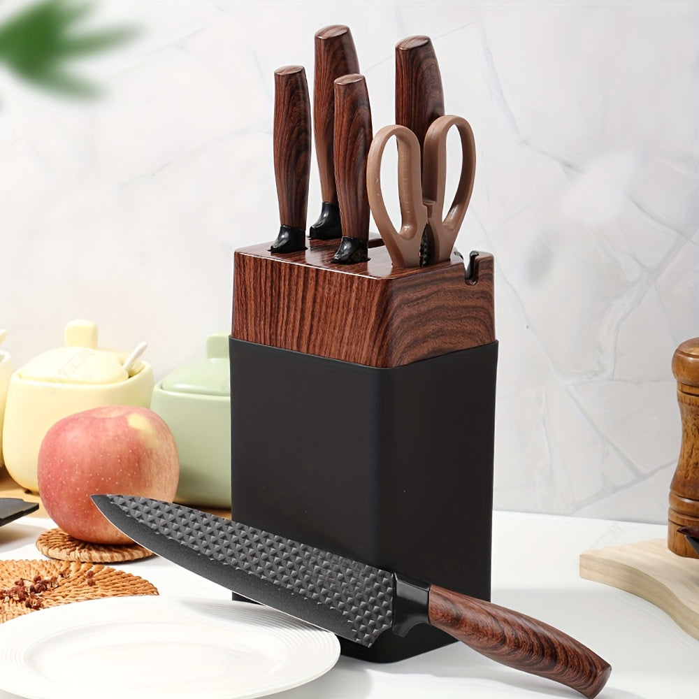 Conjunto de 7 facas de chef com bloco de facas em PE - Lâminas robustas em aço inoxidável 304, extra afiadas, pega ergonómica antiderrapante, facas de cozinha profissionais (chef, descascar, fatiar, pão, multiusos, tipo tesoura) - Kit de corte completo