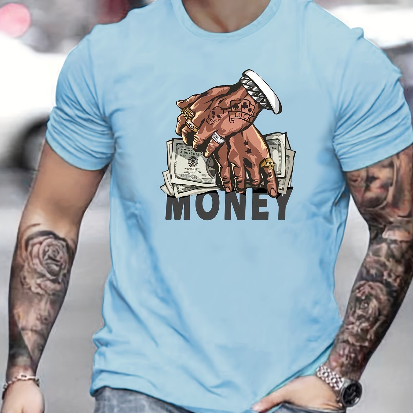 T-shirt de gola redonda para homem com estampado de dinheiro e mãos em estilo cartoon, t-shirt casual e confortável para o verão, ideal para usar no dia a dia em resorts e férias.