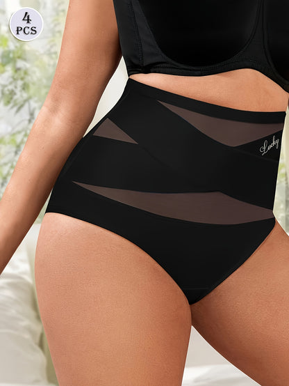 4pcs Plus Size High-Waist Tummy Control Women's Panties, Breathable Mesh Seamless Cross Detail Shapewear Briefs