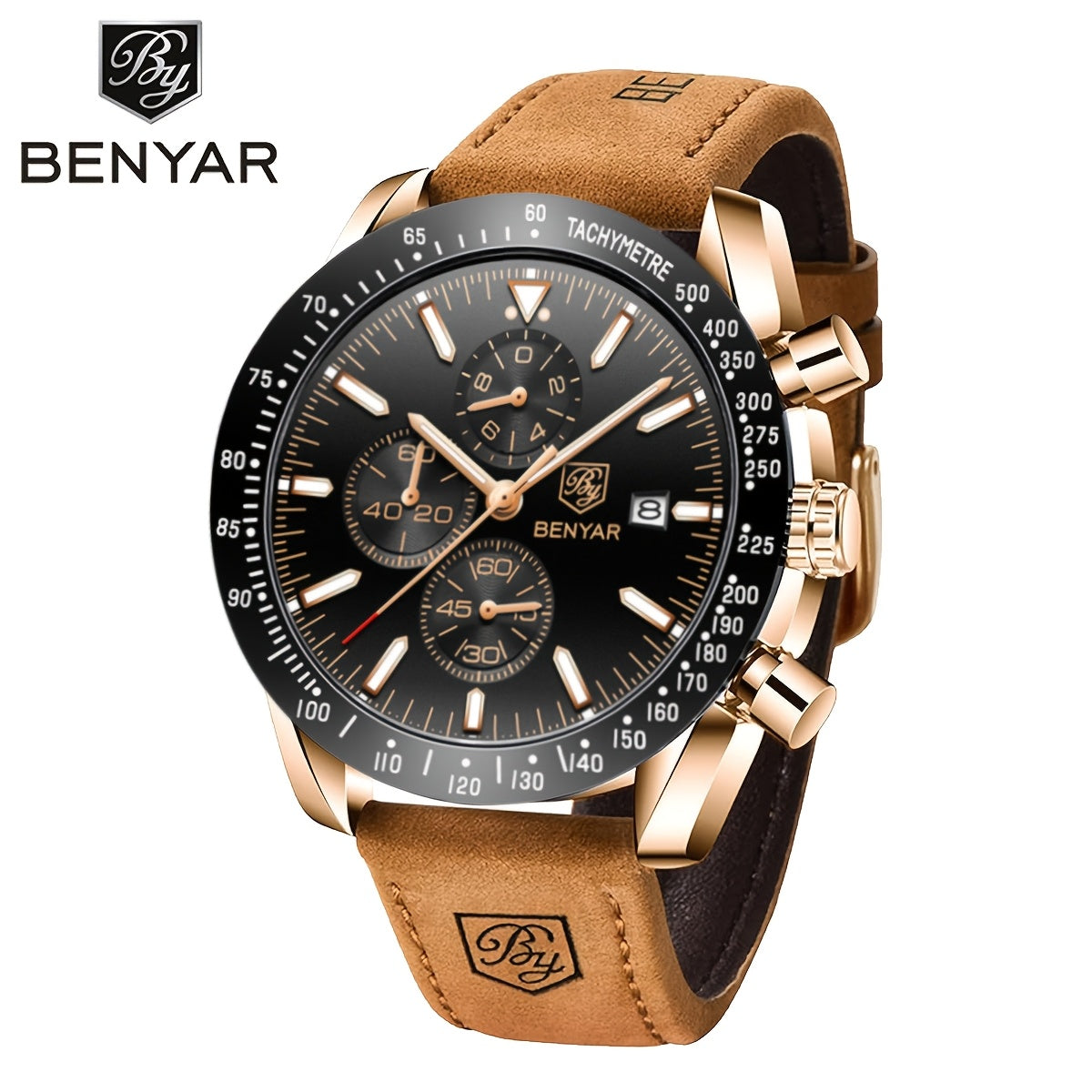 BY BENYAR Men'S Quartz Chronograph Watch - Luminous, Stainless Steel, Blue Dial with Date & Stopwatch, Faux Leather Strap, Elegant Business & Casual Style, Perfect Gift for Men, Professional Chronograph | Sleek Watch Design |