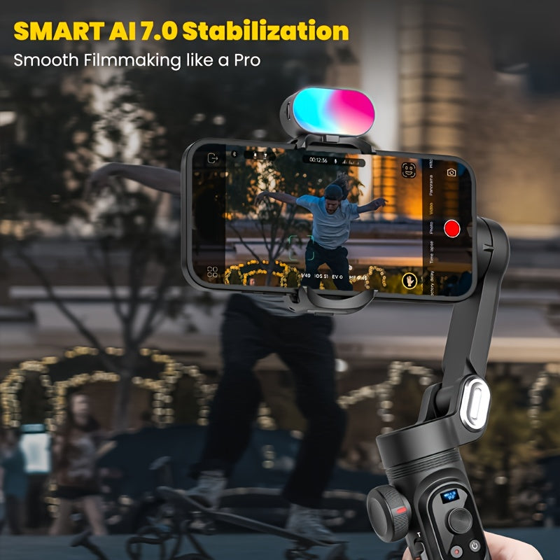 AOCHUAN Smart X Pro 3-Axis Stabilized Phone Gimbal Kit with AI Smart Control, 7-Color RGB Fill Light, OLED Display, Extendable Pole, 360° Rotation, Foldable Design, Long Battery Life, Professional Vlogging & Outdoor Shooting