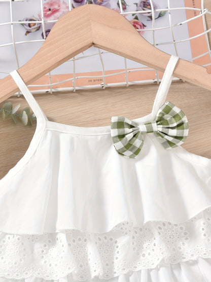 Cute Ruffle Lace Top & Check Shorts Two-Piece Set - White Blouse with Yellow Bow, Yellow & White Gingham Shorts, Perfect for Spring/Summer, Casual Playwear|Ruffle Detail Top|Nonstretch Fabric, for Outdoor