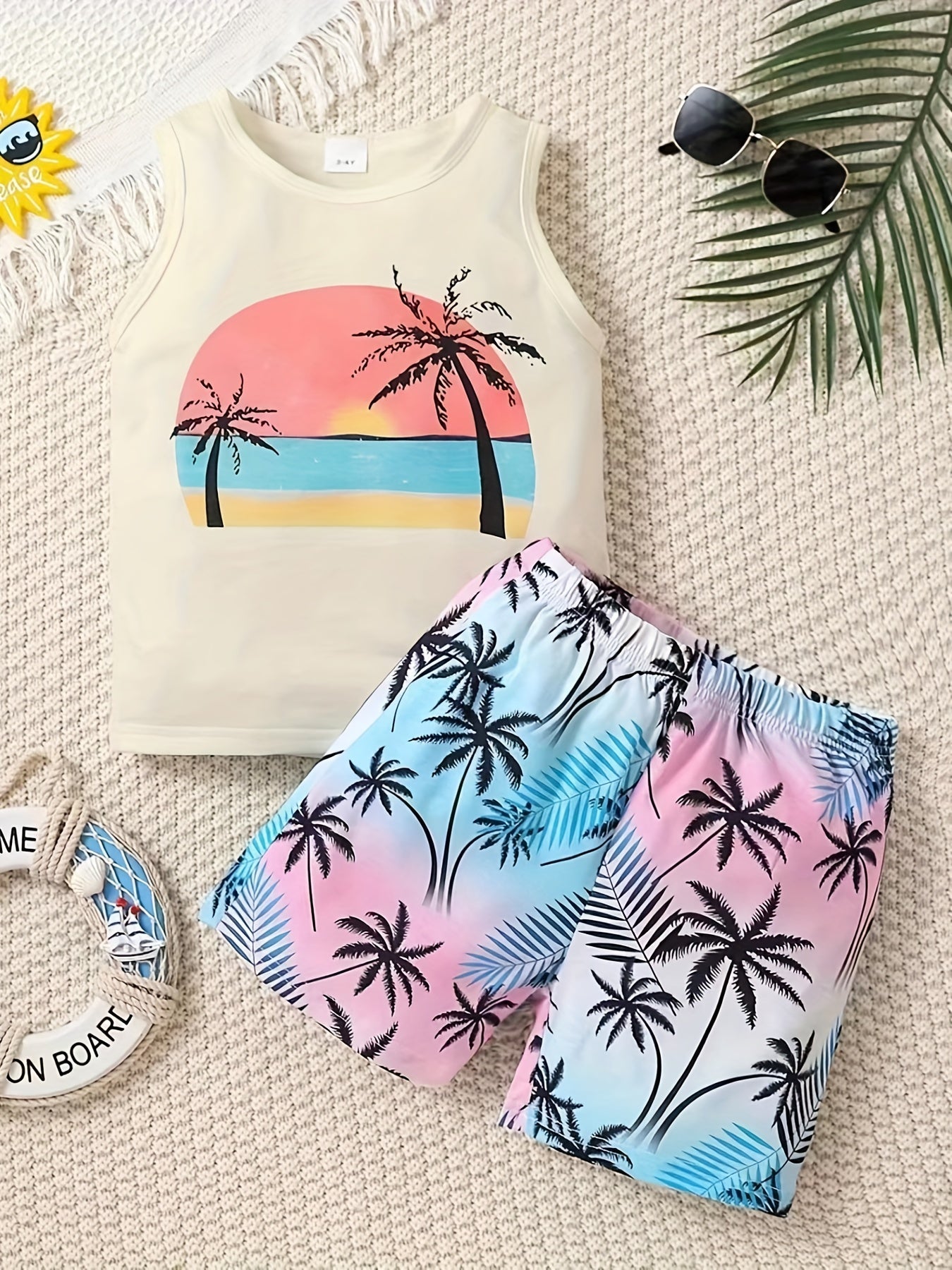 Boy's Coconut Trees Casual Outfit Round Neck Tank Top & Shorts Comfortable Breathable For Summer Kids Clothes Sets, Ideal For Daily & Outdoor Wear