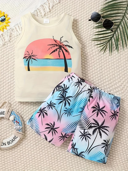 Boy's Coconut Trees Casual Outfit Round Neck Tank Top & Shorts Comfortable Breathable For Summer Kids Clothes Sets, Ideal For Daily & Outdoor Wear